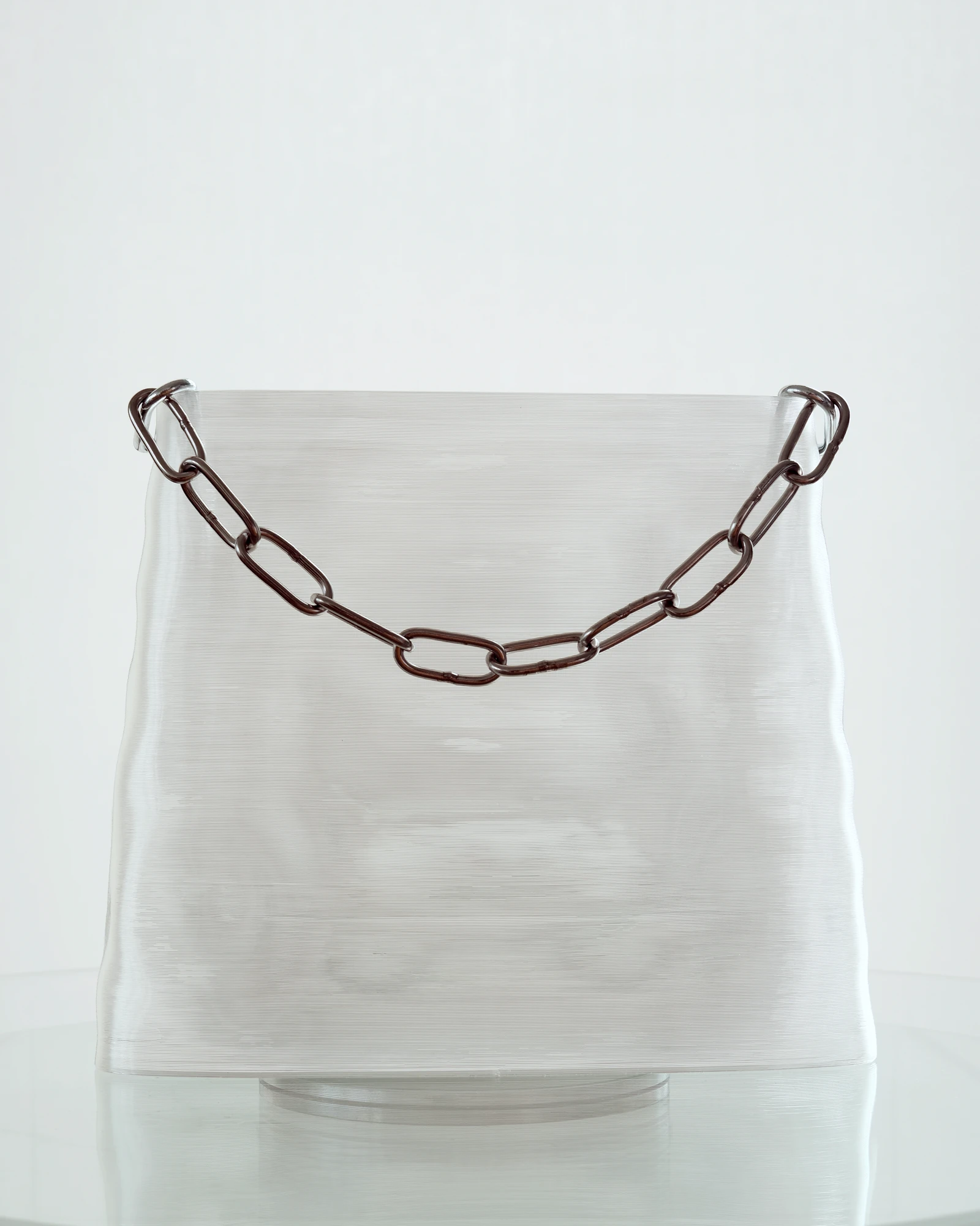 BG-001 front view, stainless chain draped across the clear printed body.